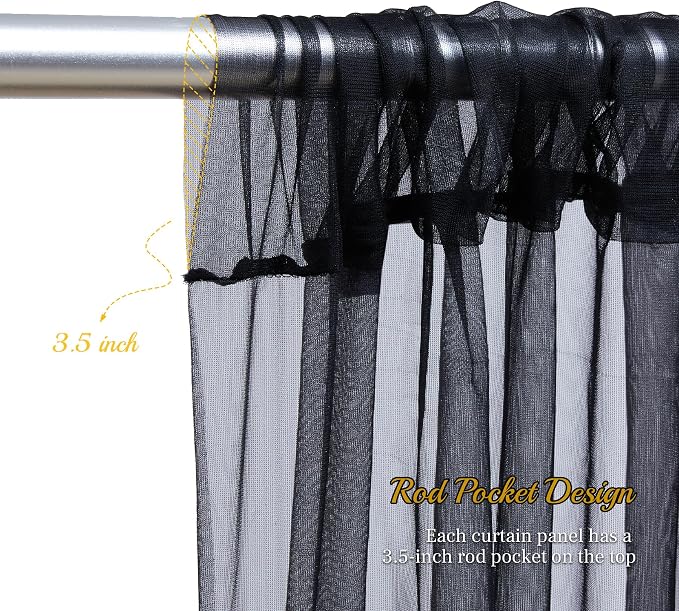 10x8ft Black Tulle Backdrop Curtain with Lights String for Parites, Sheer Photo Backdrop Curtains for Wedding Baby Shower Birthday Party Photo Shoot Decorations