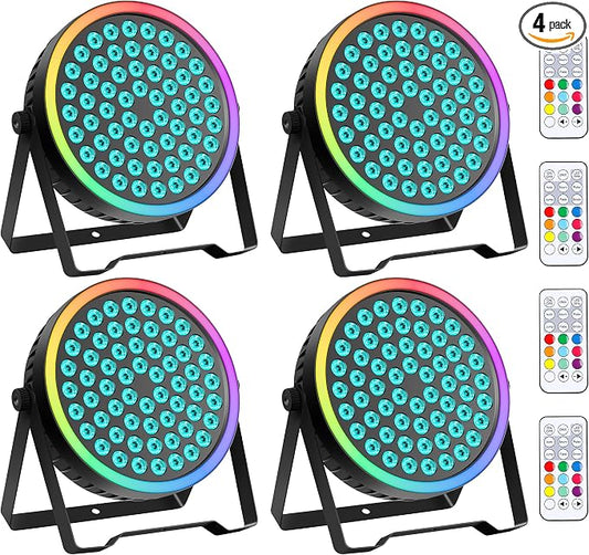 90W RGB Stage Par Lights with Ambient Light Strip - Dual Layer Halo Effect, DMX512 & Sound Activation, 60 LEDs Uplight for Wedding Party DJ Church Concert Indoor (4 Pack)