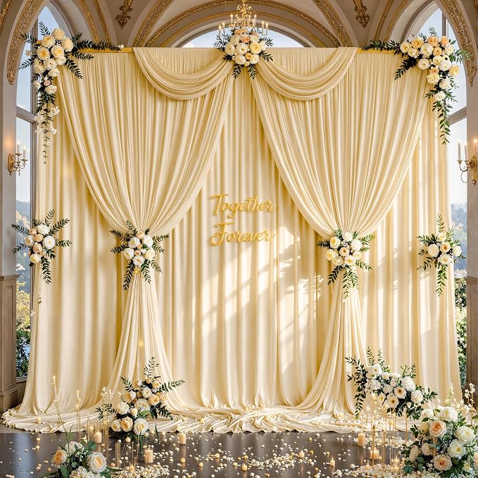 40ftx12ft Wrinkle Free Champagne Backdrop Curtain, 8 Panels 12FT Long Wedding Photo Backdrop Drapes, Silky Polyester Back Drop Cloth for Birthday Photography Background Party Backdrop Draping