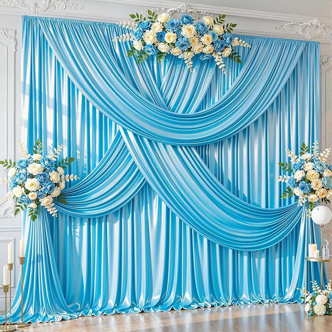 20x10ft Sky Blue Glitter Backdrop Curtain for Parties, Wrinkle Free Satin Photo Backdrop Drapes 4 Panels 5x10FT Shimmer Back Drop Cloth for Wedding Birthday Baby Shower Photography Background Decor