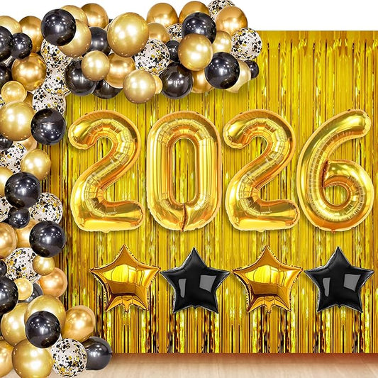 KatchOn, New Years Eve Party Supplies 2026 - Huge Set, Pack of 86 | Happy New Year Decorations 2026, NYE Decorations 2026 | Gold Fringe Curtain Backdrop with Black and Gold 2026 Balloon Arch Kit
