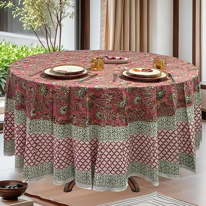 Ridhi Round Tablecloth Hand Block Print Cotton Reusable Coral Pink & Forest Green 110 Inch Table Cover Decorative Everyday Use for Dining, Home, Party, Wedding Gift for Spring, Easter, Valentine