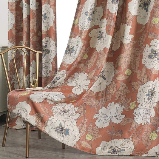 Taisier Home Stylish Faux Linen Curtains for Living Room/Bedroom | Privacy Added Light Reducing Flower Pattern Window Curtain Drapes (2 Panels) Grommet Top, 52x84 Inch, Orange
