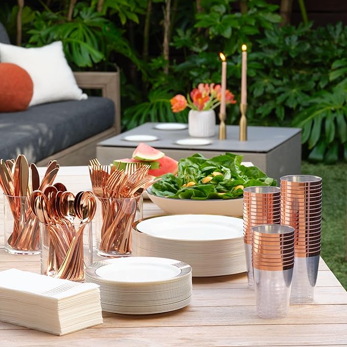 By Madee PREMIUM Elegant Disposable Dinnerware Set - 175 Pc Rose Gold Plastic Plates and Utensils Set with Luxury Napkins - Perfect for Weddings, Bridal & Baby Shower (25 Guests)