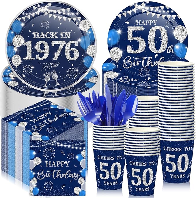 240 Pcs 50th Birthday Decorations 1976 Birthday Party Tableware Include Plates Napkins 9oz Cups Cutlery 50th Anniversary Party Supplies for Men Women Him Her, Serve 30 Guests (Blue Silver)