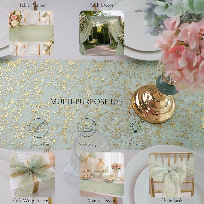 Snowkingdom Sage Green Table Runner 2PCS 11 x 108 Inch Metallic Foil Sequin Glitter Thin Sheer Mesh Fabric Decorations for Wedding Birthday Christmas Party Centerpieces Reception Dining Home Holiday