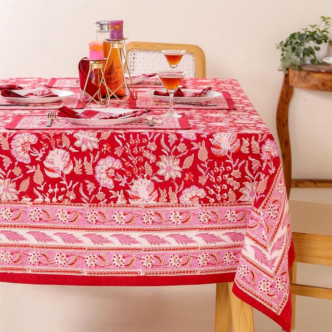 Hand Block Printed Tablecloth, Colorful Floral Print, Indian Artisan Handmade Art, Dining Room, Kitchen, Outdoor Décor, (Cherry Red, 12 Seater 72 x 135 Inches Rectangle)