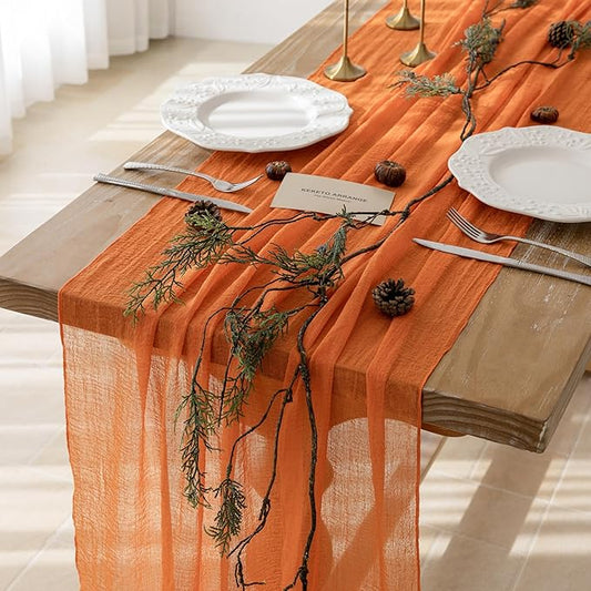 Keketoarrange Orange Summer Table Runner Gauze Rustic Cheesecloth 120 Inch 10 FT for Wedding Baby Shower Bridal Shower Birthday Engagement Garden Outdoor Party Long Sheer Boho Decorations