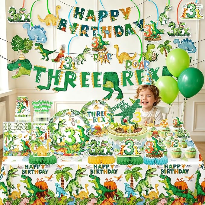 Three Rex Bday Decorations for Boys Dinosaur 3rd Bday Party Supplies Pre-strung Banners T-rex 3 Rex Dino Tableware Honeycomb Centerpieces Talbelcoth Hanging Swirls Cupcake Topper Balloons Serve 25