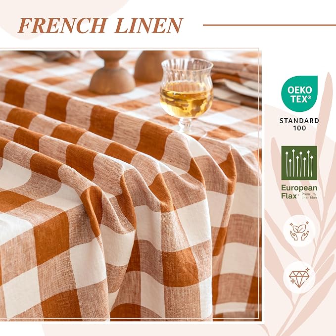Linen World Gingham Tablecloth – Buffalo Plaid Linen Tablecloth 132" x 90" Inch,100% French Flax Table Cloth for Dining Table,Weddings,Thanksgiving & Christmas Decor,Rust Checkered