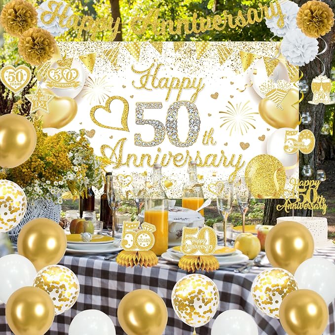 Vlipoeasn 50th Anniversary Decorations for Couple, White Gold Cheers to 50 Years Wedding Party Supplies, 50th Anniversary Backdrop Glitter Gold Banner, Cake Topper, Honeycomb, Hanging Swirl for Party