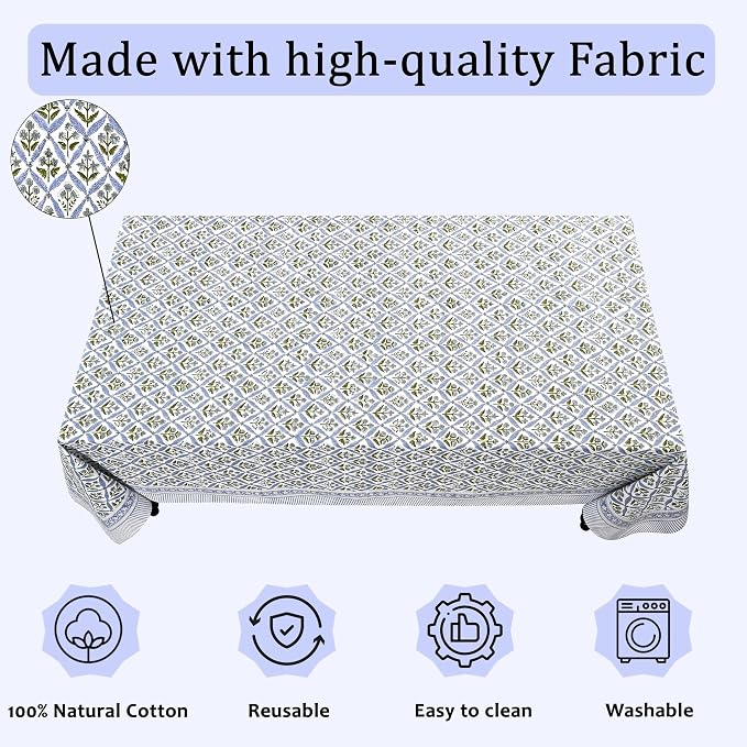Ridhi Light Steel Blue Hand Block Print Cotton Rectangle Tablecloth 90 x 60 inch-Reusable Table Cover Decorative Everyday Use for Dining Room, Farmhouse, Thanksgiving, Christmas Wedding, Fall