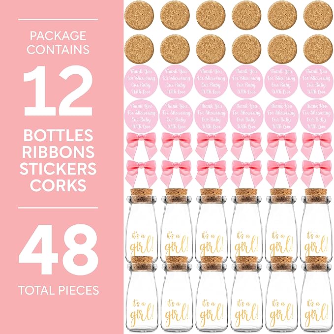 Ethisa Vintage 12 Pack It's a Girl Milk Glass Bottles with Ribbons and Stickers - Classy Baby Shower Favors for Guests and Table Centerpieces - Gender Reveal Girl Decorations - Baby Shower Candy Jar