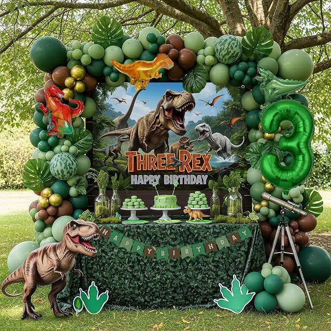 T-Rex Dinosaur Birthday Decorations include Dark Green Brown Gold balloon arch & small Dino Foil balloons & banner backdrop & footprint stickers for Kids Boys Jungle Safari Dino 3rd Party Supplies