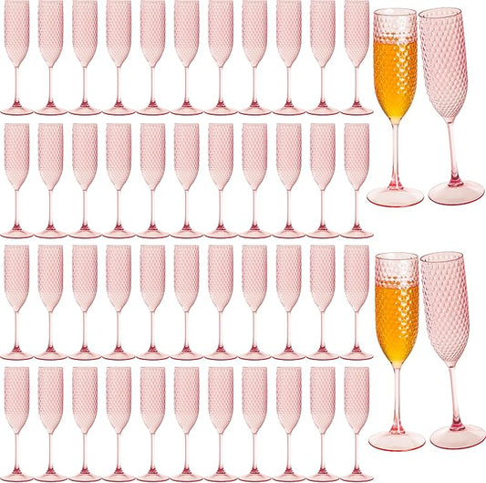 48 Pack Pink Plastic Champagne Flutes Mimosa Unbreakable Champagne Glasses Wedding Toasting Glasses 5.5 OZ Reusable Diamond Glasses Wine Cups Vintage Drinking Glasses for Wedding,Christmas,Party