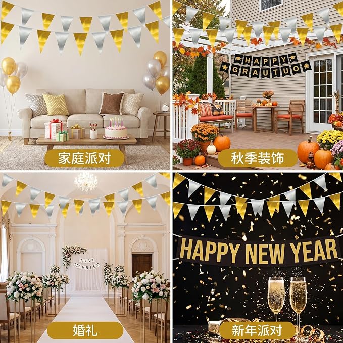40M/130FT Gold Silver Triangle Pennant Banner Flag Metallic Fabric Bunting Garland for Christmas Wall Hanging,Graduation Decorations, New Years Decorations,Father' Da