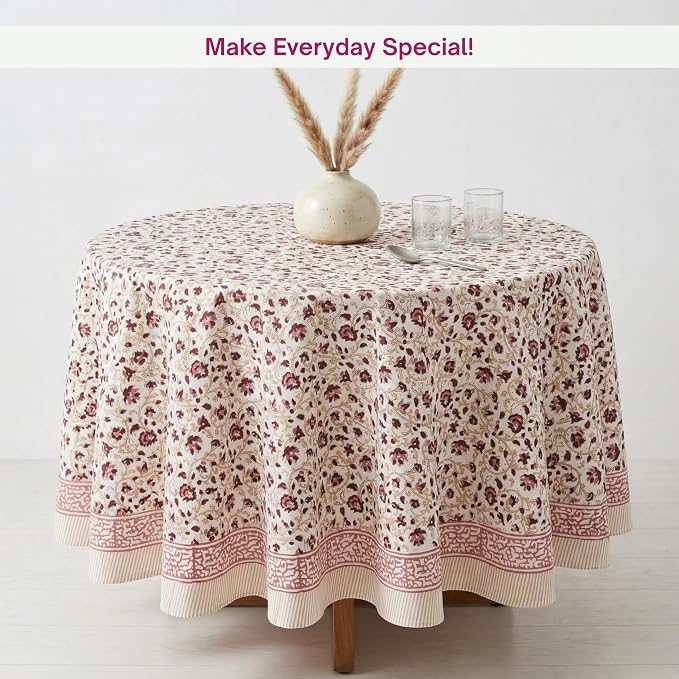 ATOSII Sophia 100% Cotton Round Boho Fall Tablecloth, Handblock Floral Table Cloth Linen for Kitchen Dining I Parties Weddings Outdoors Picnics Easter Mothers Day I 90" Inches Round I 6-8 Seater