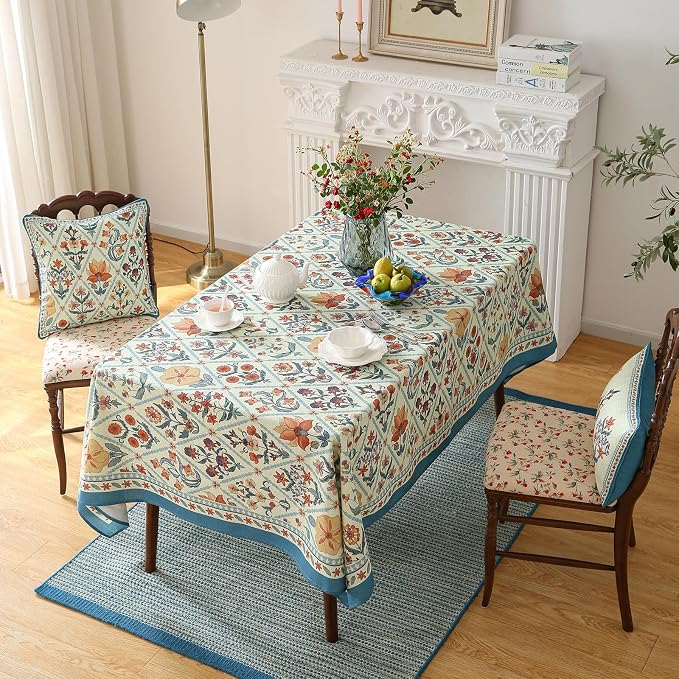 ISAENNE Designer Elegant Linen Rectangular Tablecloth,71"x55"-Floralsea A | French French Table Cloth for Rectangle Table,Colorful Floral Pattern,Decor,Dining Room,Tea Party,Kitchen,Thanksgiving
