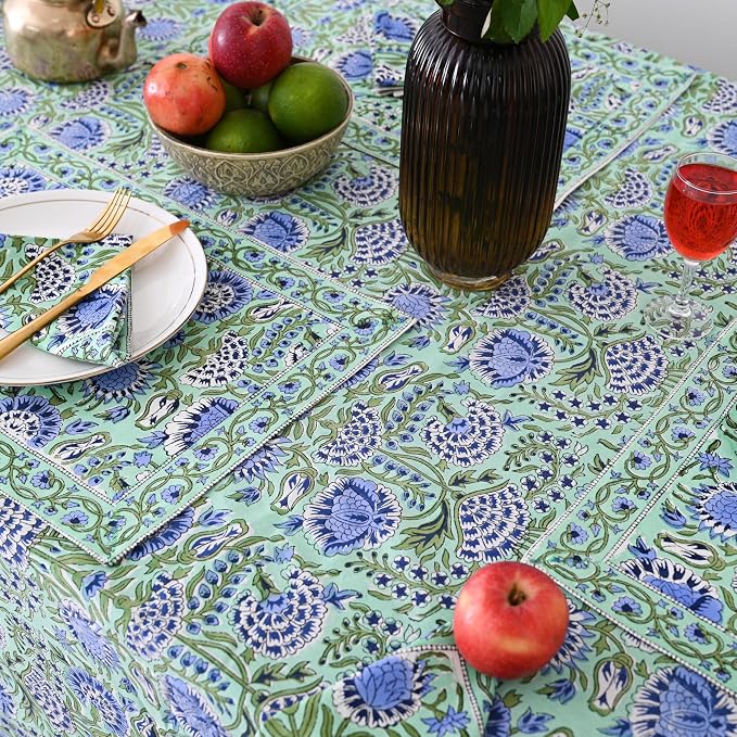 Hand Block Printed Tablecloth – Colorful Floral Print | 100% Cotton | Indian Artisan Handmade Art | Dining Room, Kitchen, Outdoor Décor, (Mint Green Blue, 60 x 60 Inches Square)