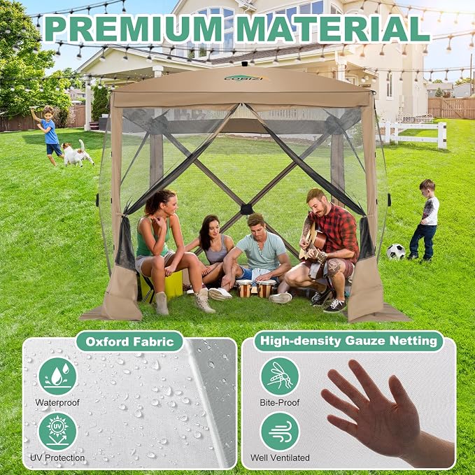 COBIZI 6x6 FT Pop up Gazebo, Popup Canopy Tent, Screened in Gazebos with sidewalls, Waterproof Portable Outdoor Small Screen Tents Sun Shelter,carpas para Patio for Camping, Garden and Backyard,Khaki