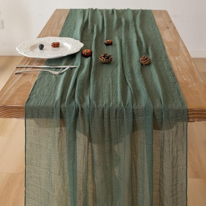 Keketoarrange Forest Green Summer Table Runner Gauze Rustic Cheesecloth 120 Inch 10 FT for Wedding Baby Shower Bridal Shower Birthday Party Sheer Boho Spring Home Decorations