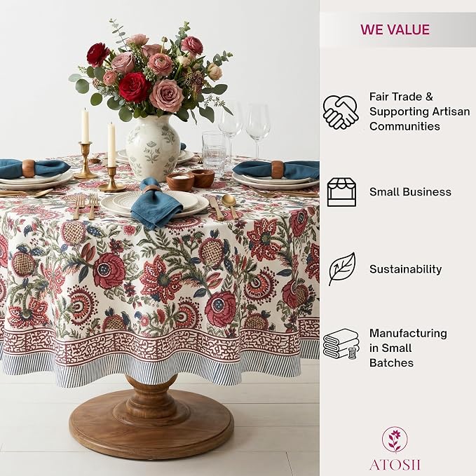 ATOSII Ruby 100% Cotton Round Tablecloth, Handblock Print Floral Table Cloth for Kitchen Dining Linen I Parties, Weddings, Outdoors, Picnics, Easter Spring Summer Home Decor 90" Inches Round