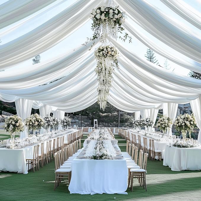 Outpain 50ftx20ft White Backdrop Ceiling Drapes, 10 Panels, 20ft Height, Wrinkle Free, Tent Draping Curtains, Polyester, Wedding, Birthday, Anniversary