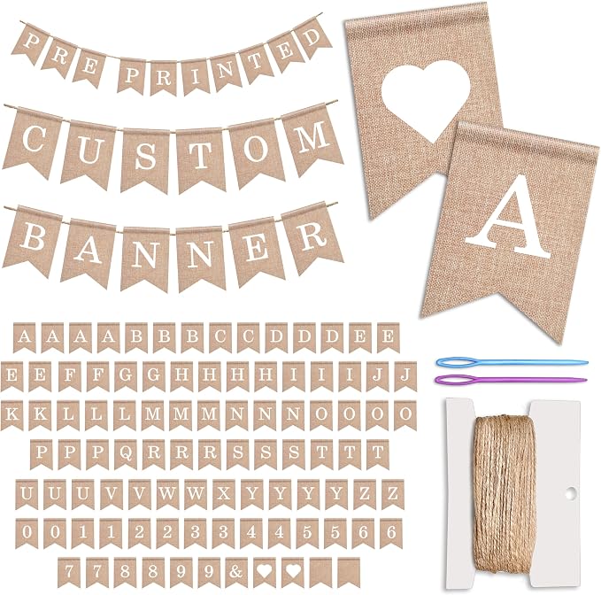 Pre-Printed Banner Kit – 97 BURLAP Flags with WHITE Letters, Numbers & Symbols, Reusable DIY Custom Banner, Make Your Own Personalized Banner for Aesthetic Party Decor, Natural Linen-Look Burlap, Includes Twine & Needles
