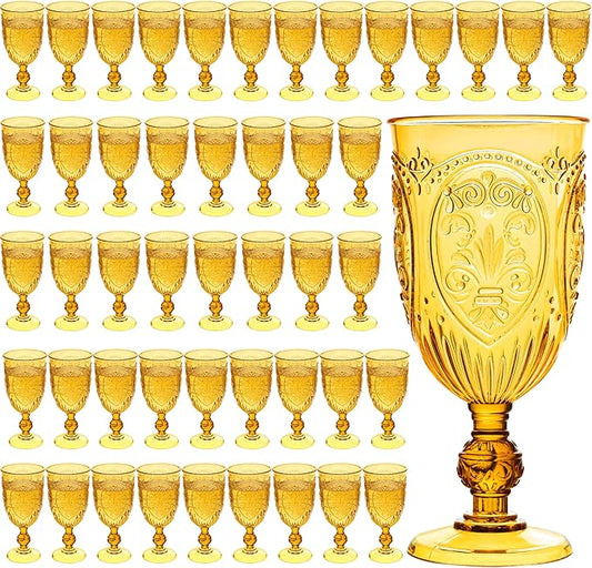 Plastic Wine Glasses 48Pcs Plastic Goblets 7.5oz Colored Retro Embossed Glassware Vintage Stemmed Drinking Cup Reusable Water Goblets for Wedding Reception Grand Event Party Bar,Whiskey (Amber)