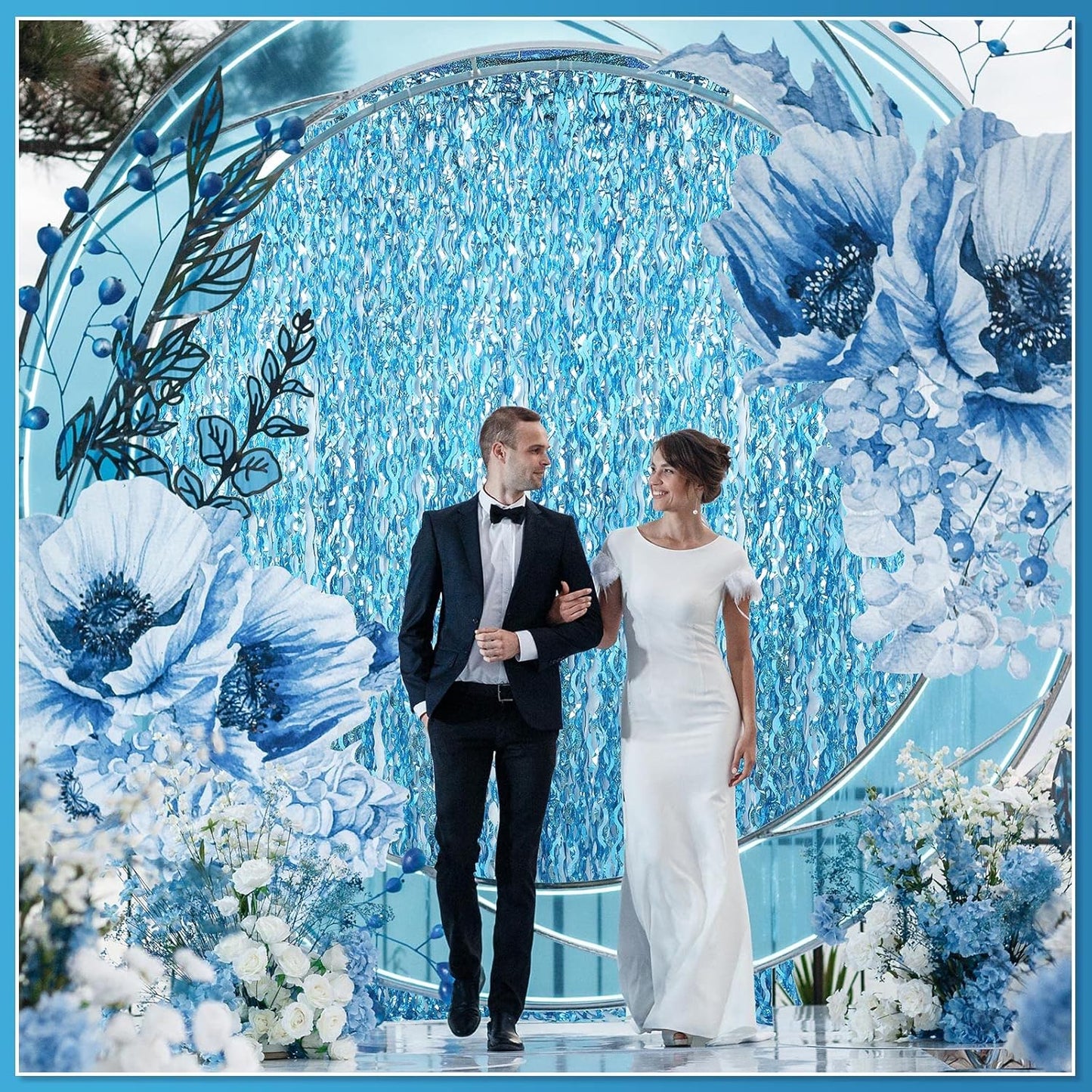 10 Pieces 3.3 x 6.6 Ft Foil Fringe Backdrop Party Wavy Tinsel Fringe Curtain Streamer for Happy New Year Carnival Party Favor 80s 90s Disco Ocean Sea Mermaid Birthday Wedding(Blue)