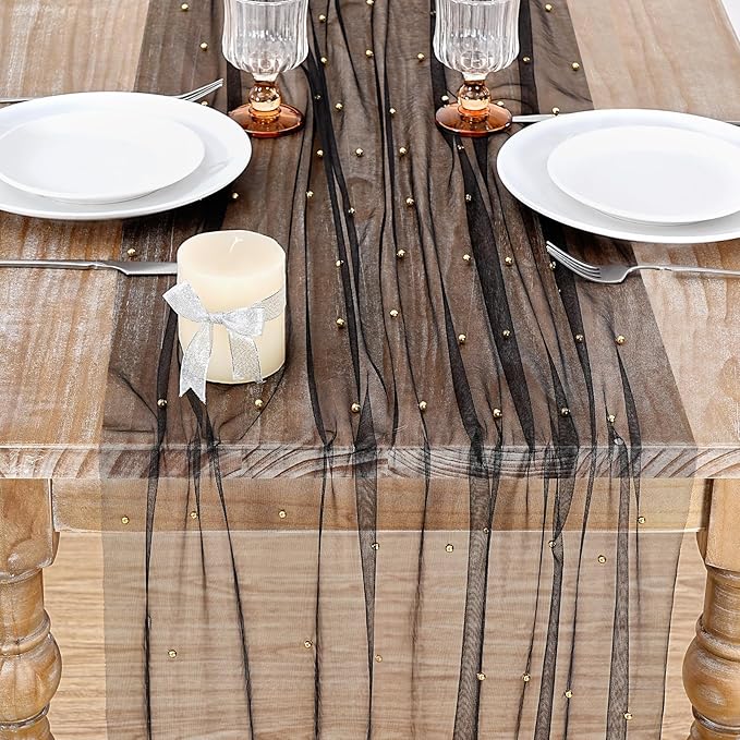 Gauze Tulle Table Runner Pearl Fabrics: Sheer Veil Dessert Chiffon Pearl Lace Boho 6 Packs Overlay Wedding Aisle Runner Party Decorations Doilies Black