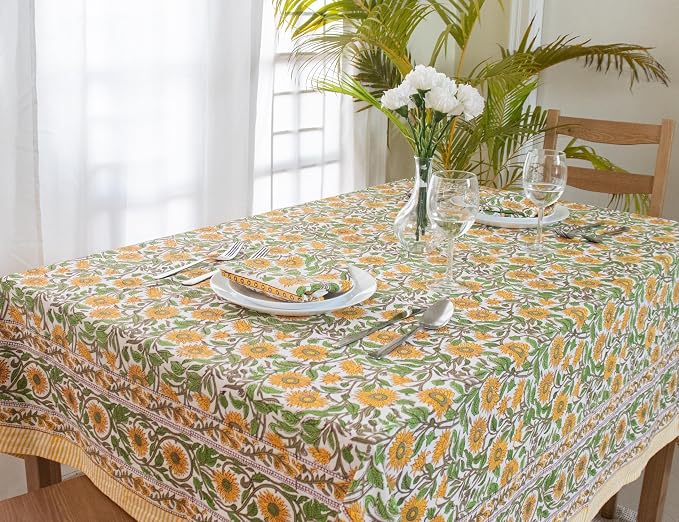 Block Print Table Cloth- 54x108 Inch Rectangle 100% Cotton Handmade Pre-Shrink, Washable for Spring, Kitchen & Dining Perfect for Patio, Indoor & Outdoor, Farmhouse
