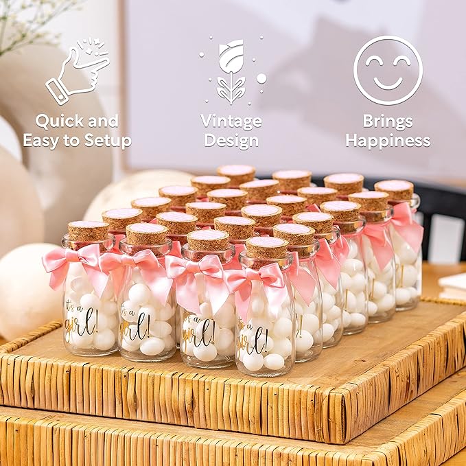 Ethisa Vintage 12 Pack It's a Girl Milk Glass Bottles with Ribbons and Stickers - Classy Baby Shower Favors for Guests and Table Centerpieces - Gender Reveal Girl Decorations - Baby Shower Candy Jar