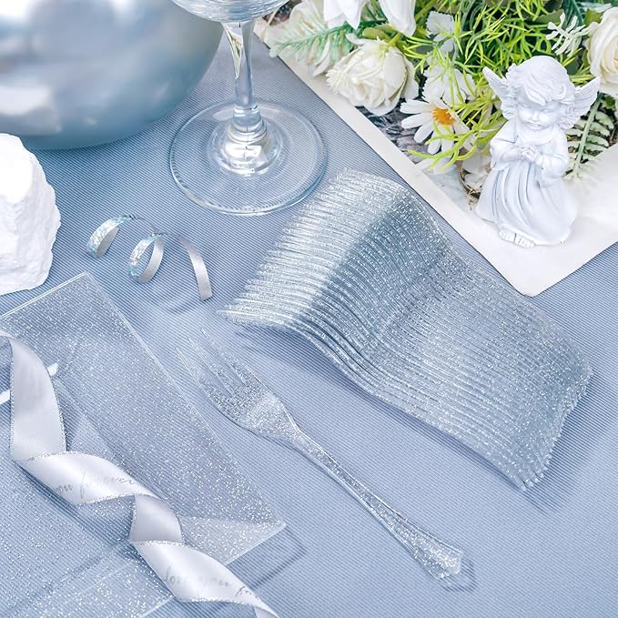 DaYammi 100Pcs Dessert Plates Set Including 50Pcs Cake Plates 6",50Pcs Plastic Forks 5.7",Silver Glitter Square Plastic plates for Party,Silver Appetizer plates and Forks for Wedding Party Birthday