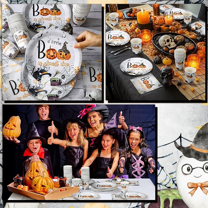 Hushee 200 Pcs Halloween a Little Boo Is Almost Due Baby Shower Paper Plates Napkins Cups Baby Shower Party Supplies Tableware Set Disposable Cup Napkin for 50 Guest Party Decoration