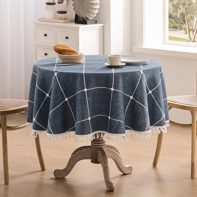 ZeeMart Boho Grid Table Cloth with Tassels (Navy Blue, 52" Round), Heavy Weight Linen Checked Embroidered Farmhouse Tablecloth, Water Resistant Round Dark Blue Tablecloths
