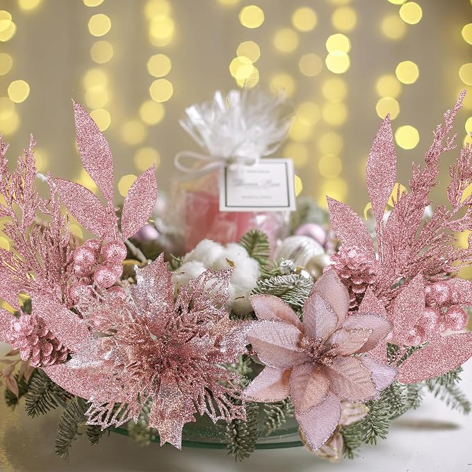 Winlyn 35 Pcs Christmas Artificial Poinsettia Flowers Picks and Artificial Leaves Sprays Rose Gold Glitter Christmas Floral Picks for Rose Gold Christmas Tree Wedding Holiday Decor Centerpiece Wreath