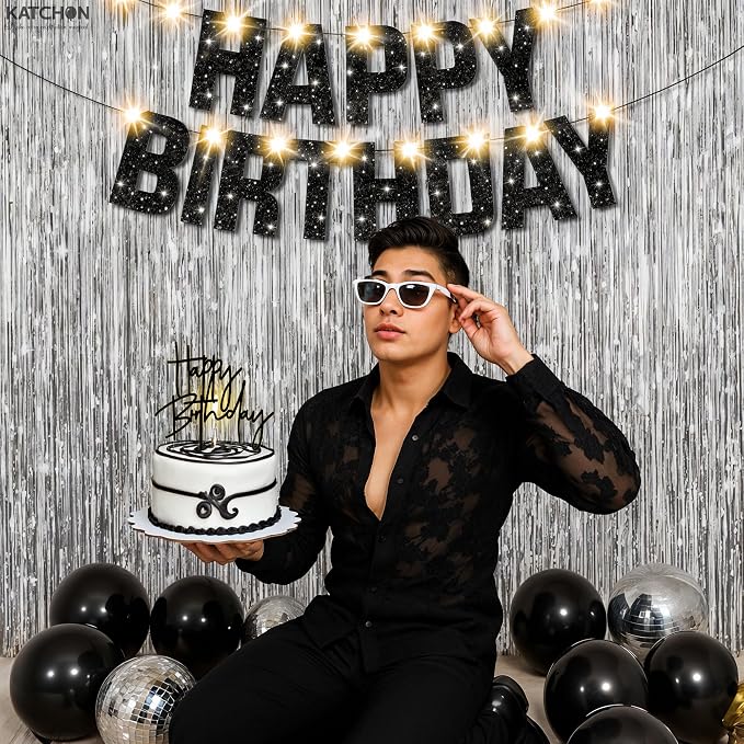 KatchOn, Black and Silver Happy Birthday Banner, Pack of 5 | Silver Fringe Backdrop, LED Lights & Cake Topper | Birthday Decorations, Party Decor for Men, Women, Girls & Boys