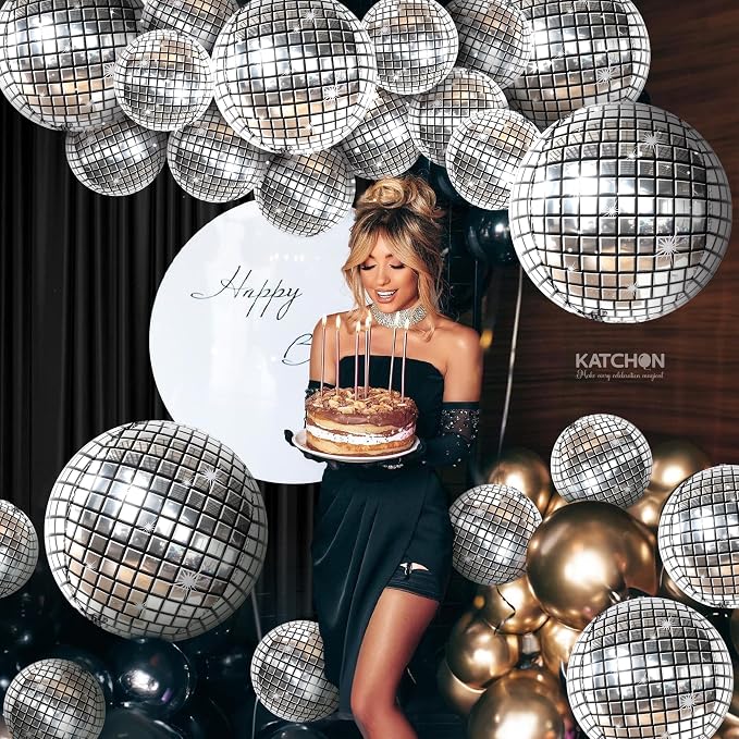 KatchOn, Silver Disco Ball Balloons - 32 Inch, Pack of 20 | Shiny Disco Ball for Disco Party Decorations | 4D Disco Balloons for Disco Bachelorette Party Decorations | Mamma Mia Party Decorations