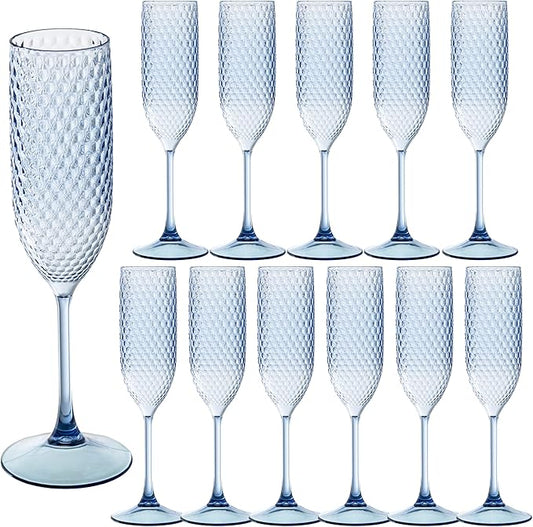12 Pack Blue Plastic Champagne Flutes Mimosa Unbreakable Champagne Glasses Wedding Toasting Glasses 5.5 OZ Reusable Diamond Glasses Wine Cups Vintage Drinking Glasses for Wedding,Christmas,Party
