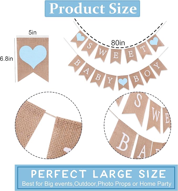 Sweet Baby Boy Burlap Banner - Rustic Baby Shower Decorations, Photo Props (Sweet Baby Boy Blue)