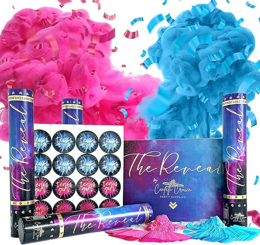 Confetti Crown Baby Gender Reveal Confetti Powder Cannon | 12” [PACK OF 4] 2 Pink & 2 Blue - 100% Biodegradable Confetti & Powder Smoke (Pink/Blue)