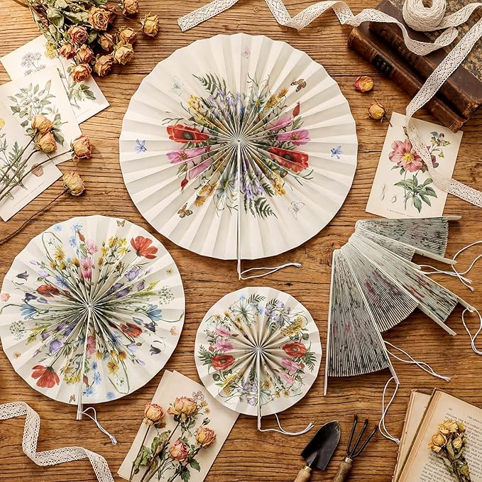 Feifeiya 12 Pcs Watercolor Floral Hanging Paper Fans 8'' 12'' 16'' Wildflower Paper Fans Set Hanging Flowers Ornaments for Spring Summer Wedding Birthday Garden Tea Party Decoration
