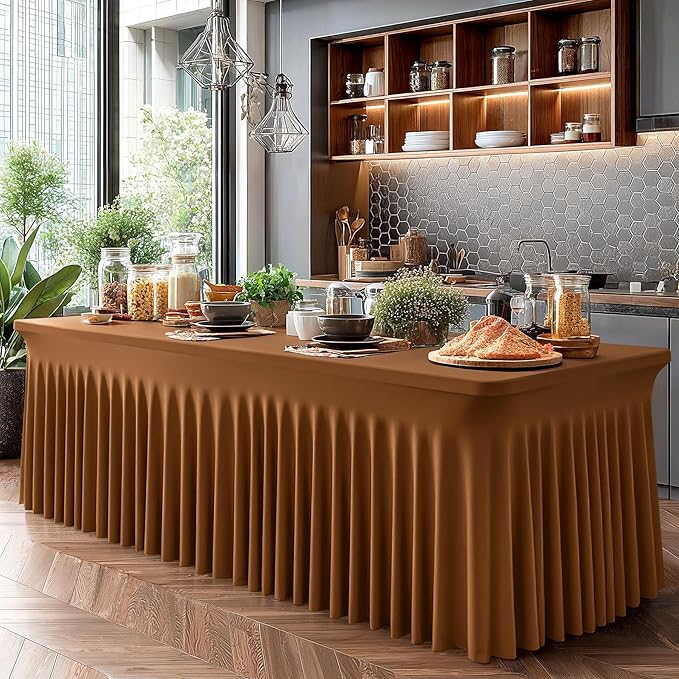 Shillance 2 Packs Brown Spandex Tableclothes for 4 Foot Rectangle Table, Spandex Table Covers 4FT Stretch Table Skirts Wrinkle Free Fitted Table Cloth for Event, Wedding, Banquet & Parties