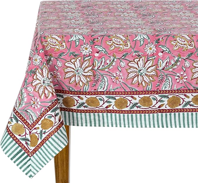 Ridhi Candy Pink Hand Block Print Cotton Rectangle Tablecloth 108" x 70" inches Reusable Table Cover Decorative Everyday Use for Dining Room, Farmhouse, Home Gift for Spring, Mother's Day