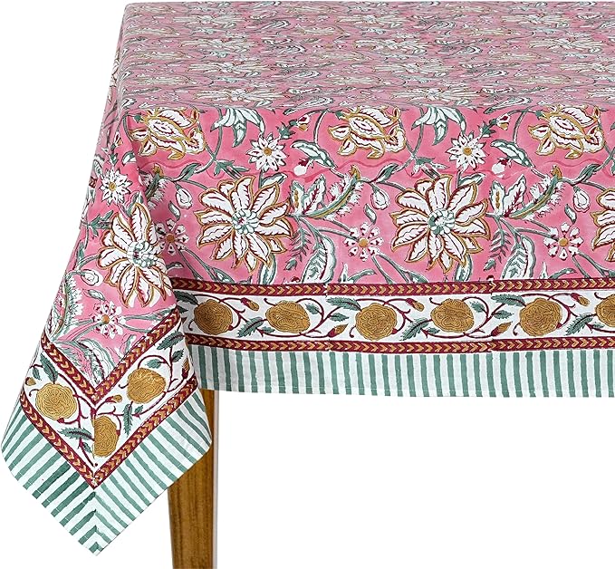 Ridhi Candy Pink Hand Block Print Cotton Rectangle Tablecloth 140" x 72" inches Reusable Table Cover Decorative Everyday Use for Dining Room, Farmhouse, Home Gift for Spring, Mother's Day