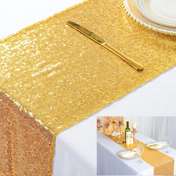 ShinyBeauty Sequin Table Runner 12" x 108" Gold Sequin Tablecloth Wholesale Sequin Table Runners (Gold)
