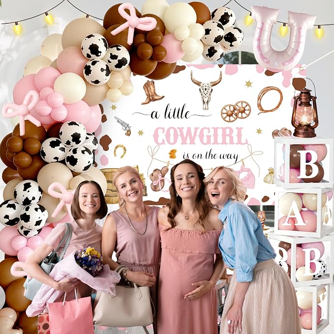 Cowgirl Baby Shower Decorations for Girl - Western Theme Party Supplies Include Balloon Garland Arch Kit, Backdrop, Tablecloth, 4 Boxes, Horseshoe Foil Balloon - A Little Cowgirl is on the Way Pink