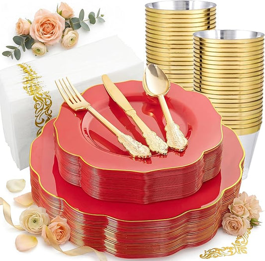 NOCCUR 175PCS Red Plastic Plates with Gold Disposable Silverware - Include 50 Red Gold Plastic Plates,25 Knives,25 Forks,25 Spoons,25 Cups and 25 Napkins - Ideal for Party/Mother's Day