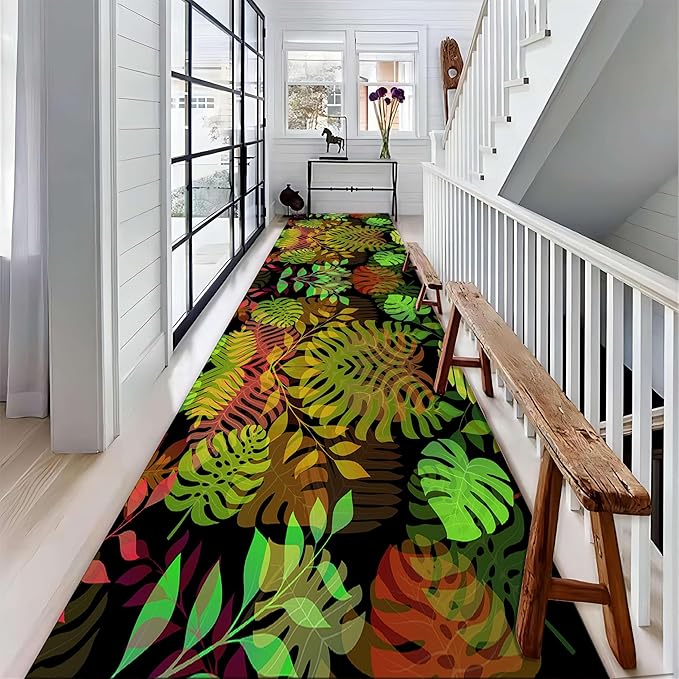 Washable Runner Rug, 3.3x10ft, 3D Printing Summer Tropical Jungle Green Leaf Rugs Plants Palm Tree Leaf Non Slip No Shedding Rugs, Indoor Floor Rug Nature Botanical Entryway Rug for Bedroom Kitchen